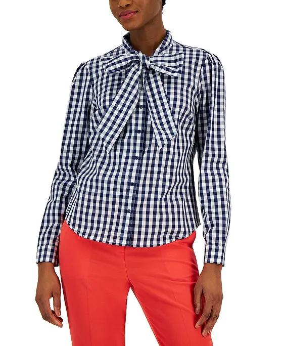 Women's Cotton Bow-Tied Gingham Blouse