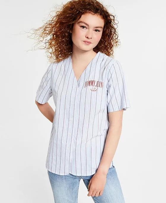 Women's Cotton Button-Front Striped Baseball Shirt