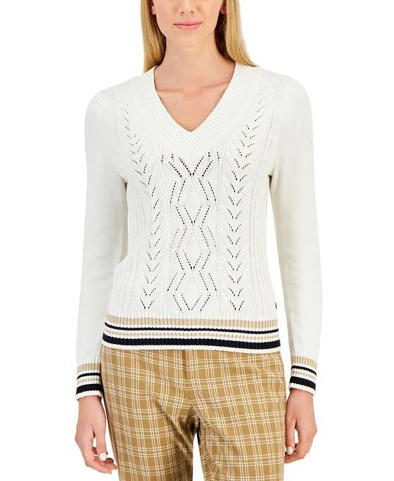 Women's Cotton Contrast-Stitching Striped-Trim Sweater