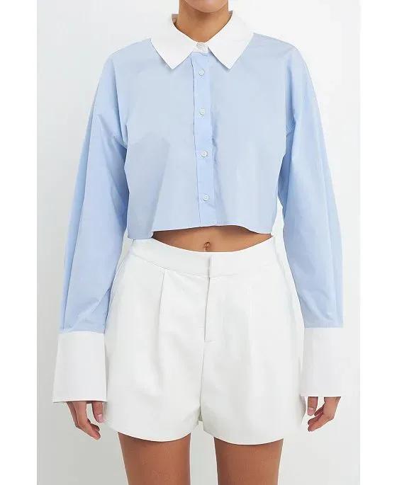 Women's Cotton Cropped Contrast Shirt