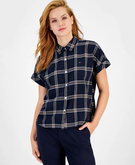 Women's Cotton Cuffed Short-Sleeve Shirt