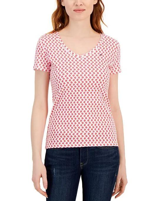 Women's Cotton Daisy-Print V-Neck T-Shirt