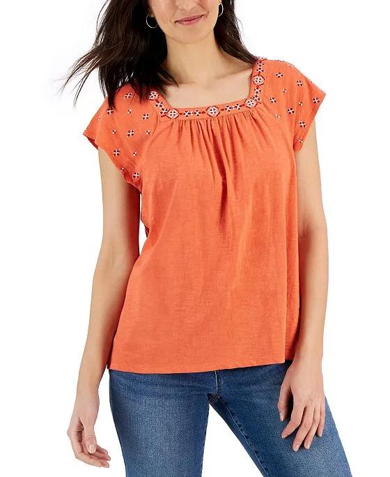 Women's Cotton Embroidered Square-Neck Top, Created for Macy's