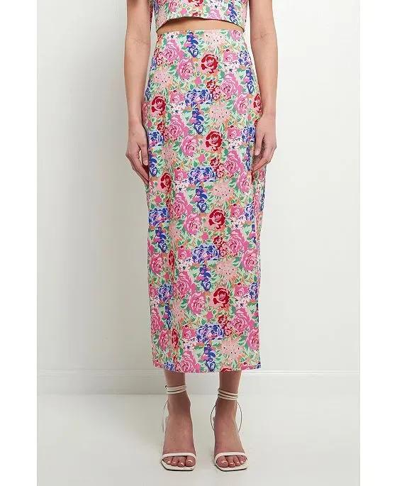 Women's Cotton Floral Print Slit Maxi Skirt