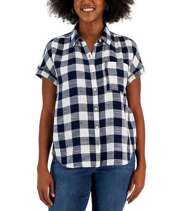Women's Cotton Gauze Gingham Short-Sleeve Camp Shirt, Created for Macy's