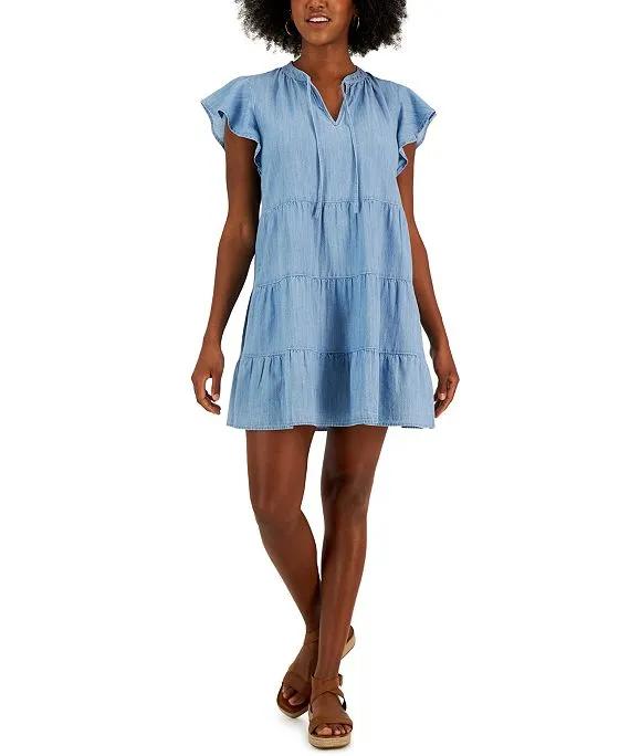 Women's Cotton Gauze Tiered Flutter-Sleeve Dress, Created for Macy's