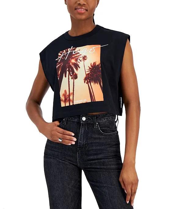 Women's Cotton Graphic Cropped Sleeveless T-Shirt