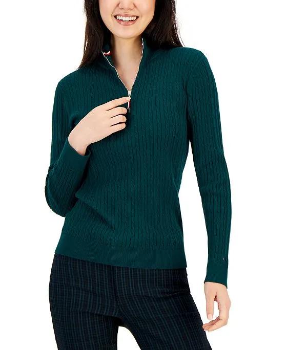 Women's Cotton Mock Turtleneck Cable-Knit Sweater