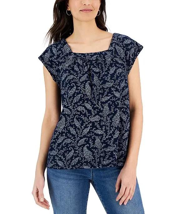 Women's Cotton Printed Square-Neck Flutter-Sleeve Top, Created for Macy's
