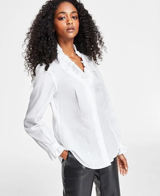 Women's Cotton Ruffle-Neck Button-Down Shirt 