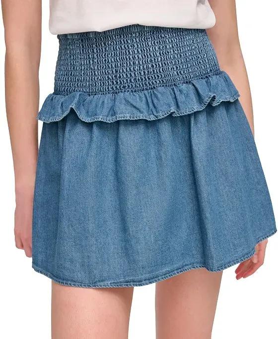Women's Cotton Smocked Ruffled Denim Skirt