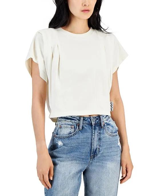 Women's Cotton Solid-Color Pleated Relaxed T-Shirt
