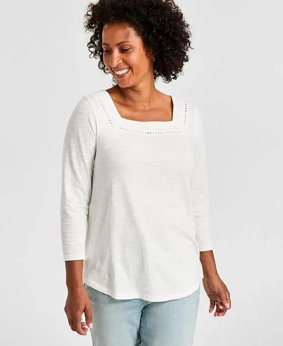 Women's Cotton Square-Neck Knit Top, Created for Macy's
