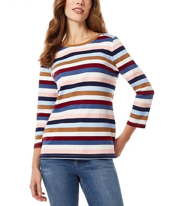 Women's Cotton Striped Button-Shoulder T-Shirt