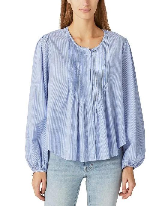 Women's Cotton Striped Pleated-Front Blouse