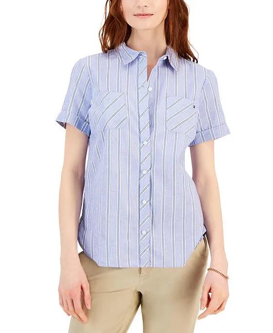 Women's Cotton Striped Pocket Camp Shirt