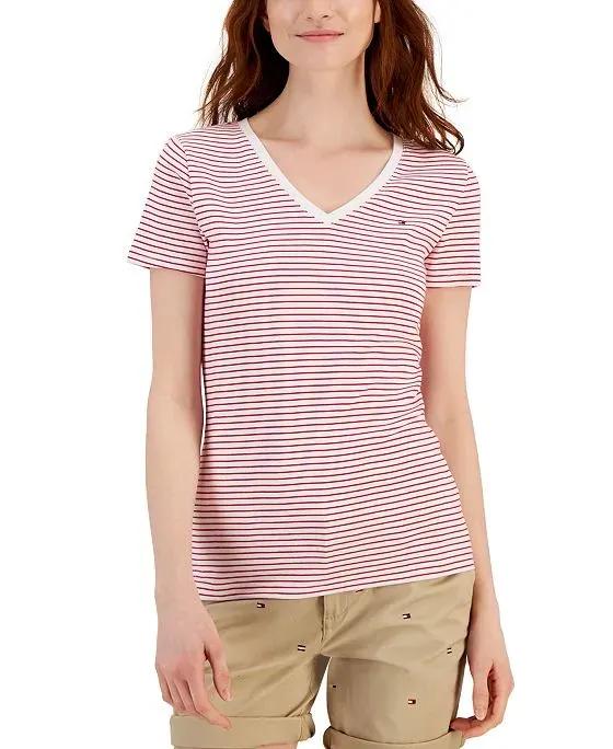 Women's Cotton Striped V-Neck T-Shirt