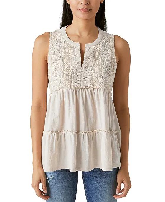 Women's Cotton Tiered Embroidered Split-Neck Top