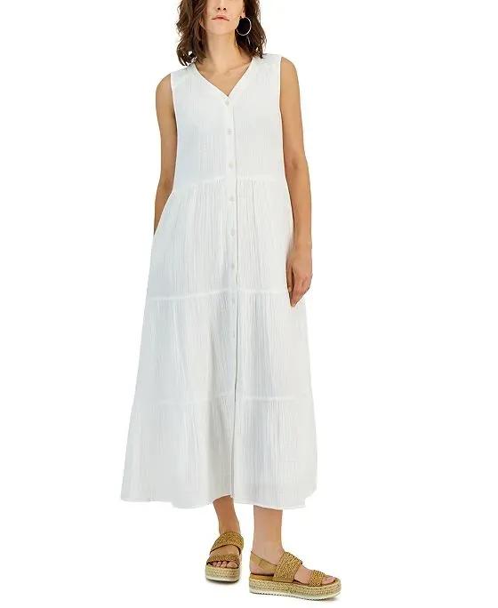 Women's Cotton V-Neck Sleeveless Tiered Dress, Created for Macy's
