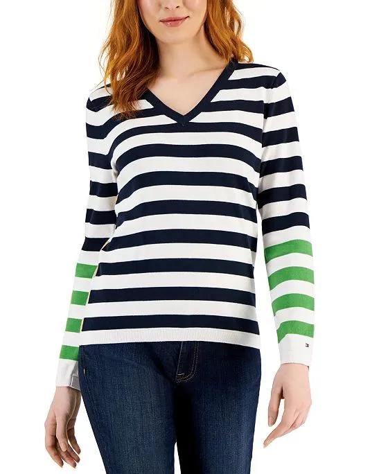 Women's Cotton V-Neck Striped Sweater 