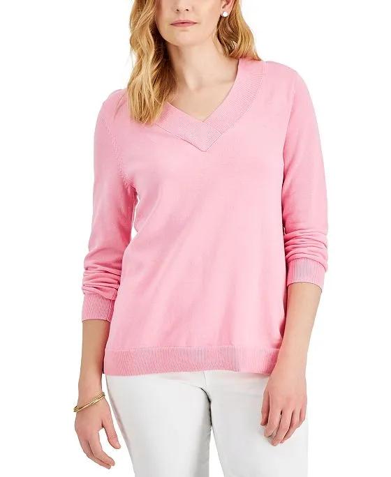 Women's Cotton V-Neck Sweater, Created for Macy's