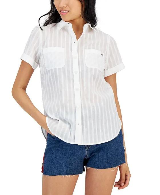 Women's Cotton Woven Stripe Camp Shirt