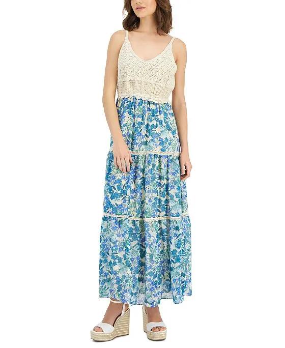 Women's Crochet-Bodice Floral-Print Maxi Dress