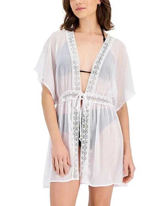 Women's Crochet-Trim Solid Kimono Cover-Up, Created for Macy's