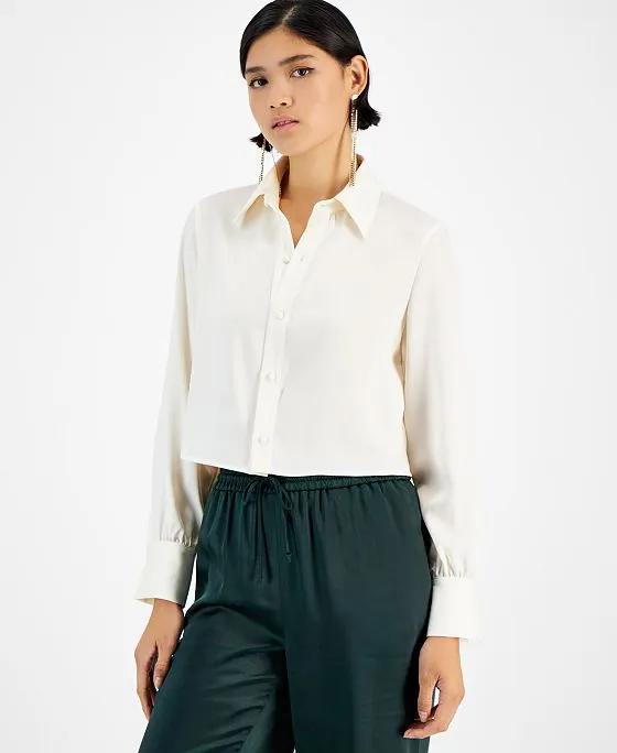 Women's Cropped Button-Front Long-Sleeve Blouse, Created for Macy's