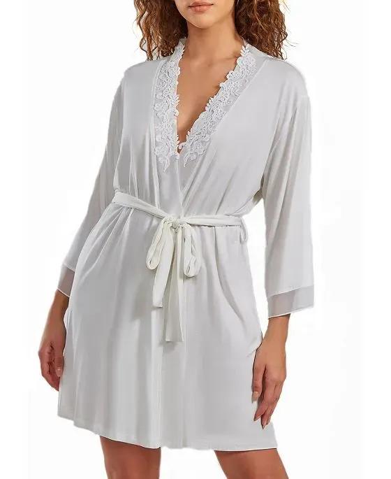 Women's Cyrus Lace Robe with Mesh Trimmed Sleeves and Self Tie with Sash