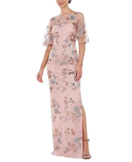 Women's Daphne Embroidered Flutter-Sleeve Gown