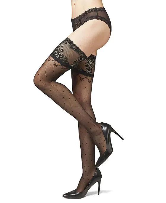 Women's Diamond Dot Feather Lace Top Thigh Highs
