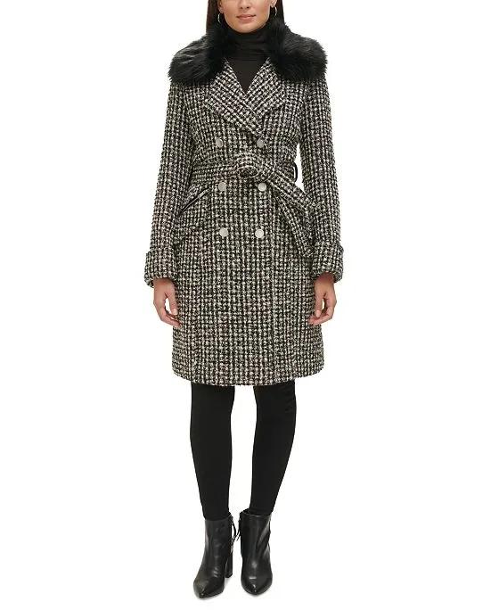 Women's Double-Breasted Faux-Fur-Collar Tweed Coat