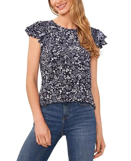 Women's Double-Ruffle Short-Sleeve Floral-Print Top