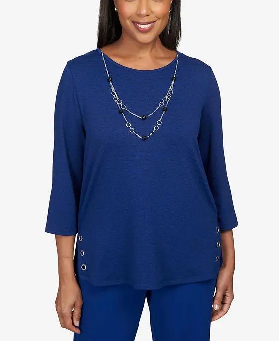Women's Downtown Vibe Heather Melange 3/4 Sleeve Top with Necklace