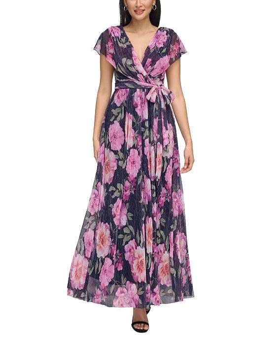 Women's Draped Shoulder Metallic Floral Pleated Gown