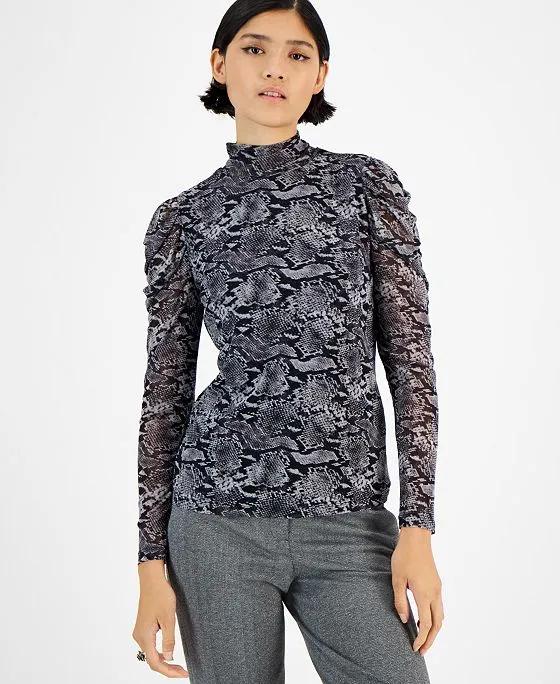 Women's Draped-Sleeve Animal-Print Mesh Top, Created for Macy's