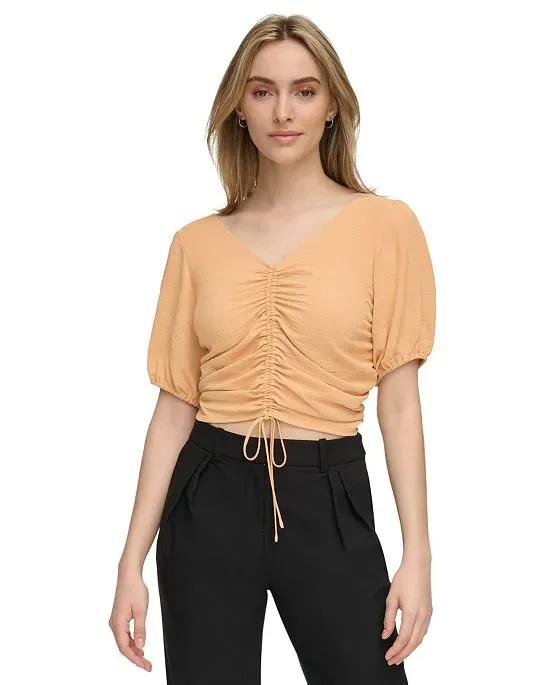 Women's Drawstring-Ruched Puffed-Sleeve Top