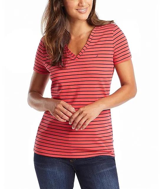 Women's Easy Comfort V-Neck Striped Supersoft Stretch Cotton T-Shirt