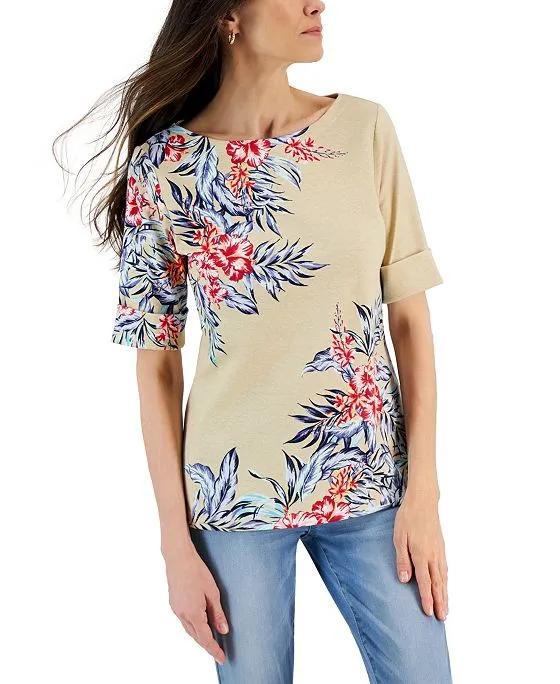 Women's Elbow Sleeve Boatneck Botanicals Printed Knit Top, Created for Macy's