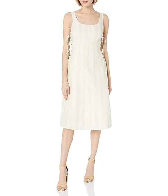 Women's Elena Lace-up Striped Sleeveless Fit and Flare Linen Midi Dress, Natural Stripe