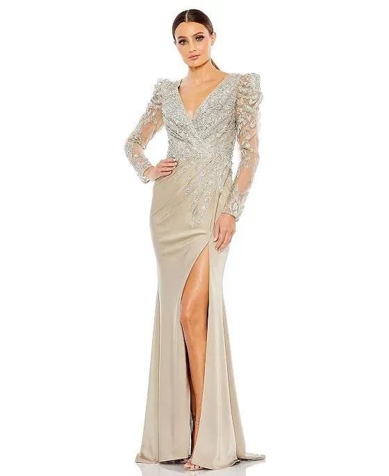 Women's Embellished Faux Wrap Illusion Puff Sleeve Gown