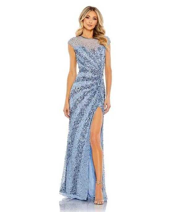 Women's Embellished Illusion High Neck Cap Sleeve Gown