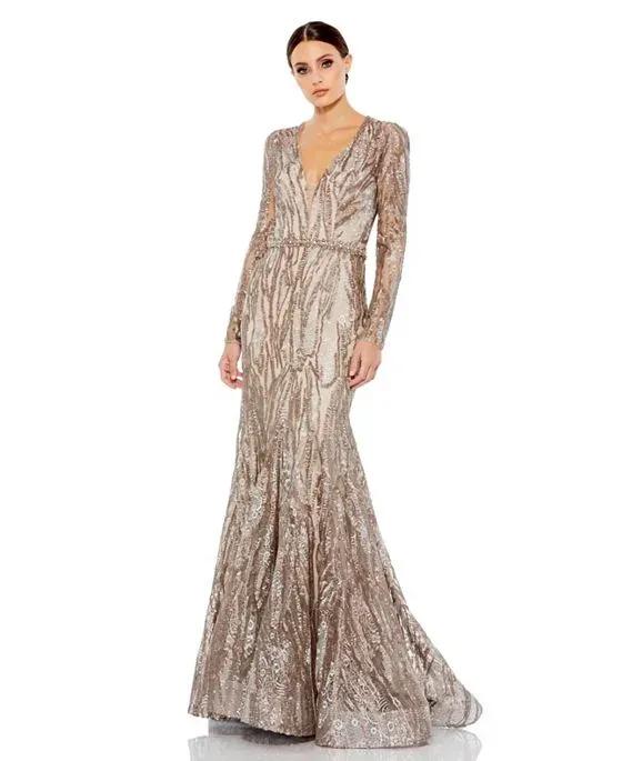Women's Embellished Long Sleeve Plunge Neck Trumpet Gown