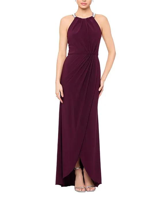 Women's Embellished-Neck Draped Gown