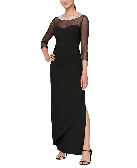 Women's Embellished-Neck Side-Ruched Illusion Dress