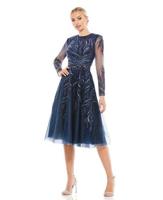 Women's Embellished Tea-Length Illusion Cocktail Dress