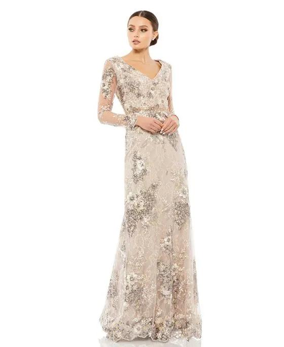 Women's Embellished V Neck Illusion Long Sleeve Gown