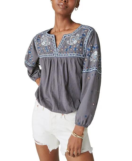 Women's Embroidered Bubble-Hem Peasant Top
