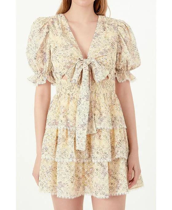 Women's Embroidered Chiffon Tiered Front Bow Tie Mini Dress